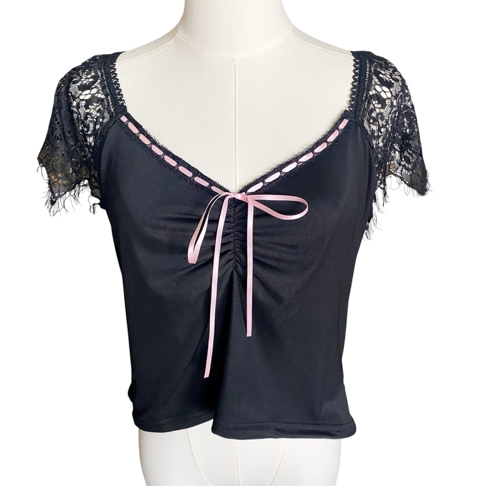Dolls Kill Ribbon Lace Sleeve Crop Top